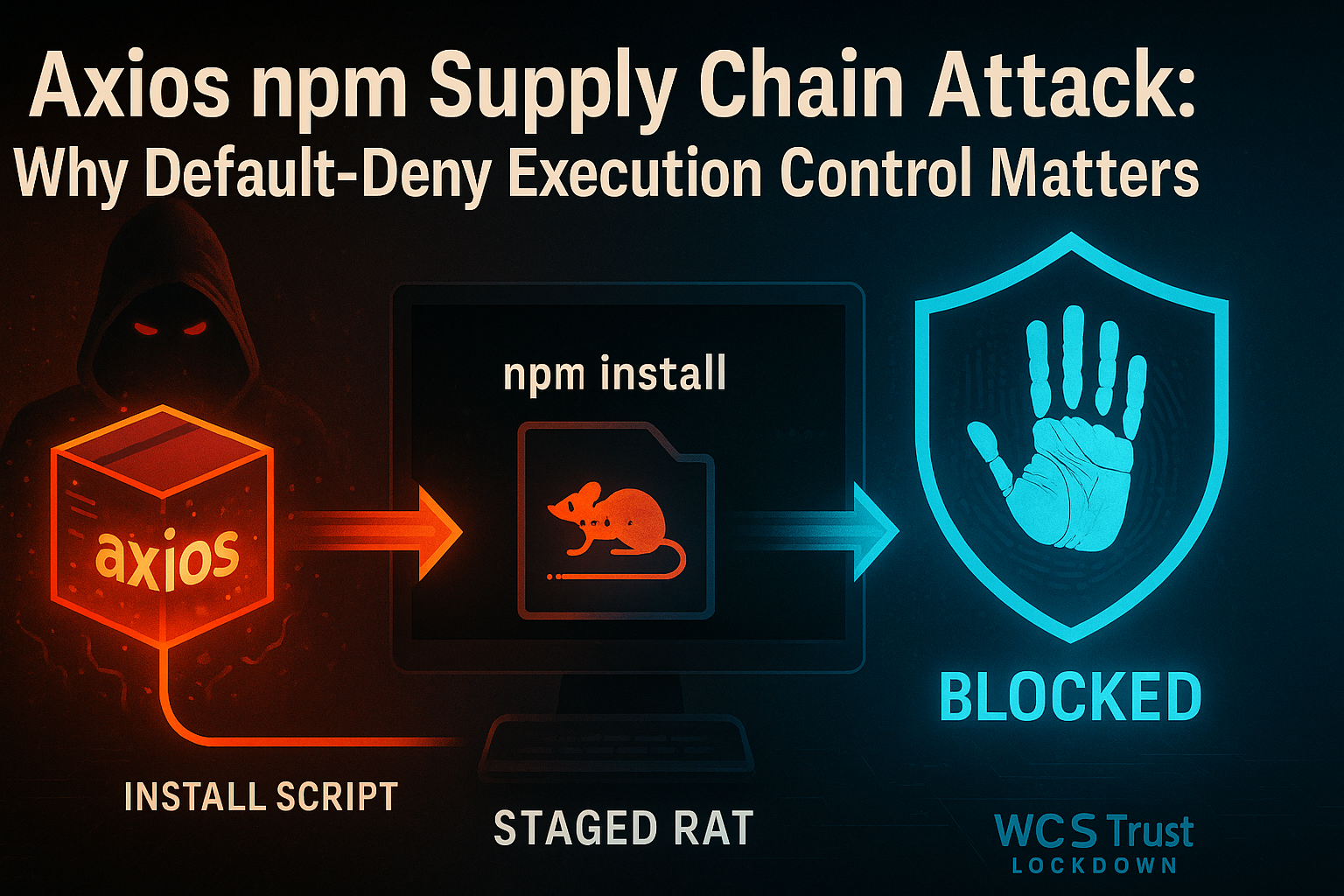 Axios npm supply chain compromise — malicious package versions attributed to Sapphire Sleet, blocked by White Cloud Security Trust Lockdown default-deny execution control