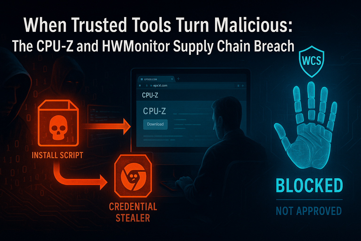 CPUID CPU-Z and HWMonitor supply chain breach — attackers replaced official download links with credential-stealing malware, blocked by White Cloud Security Trust Lockdown default-deny execution control